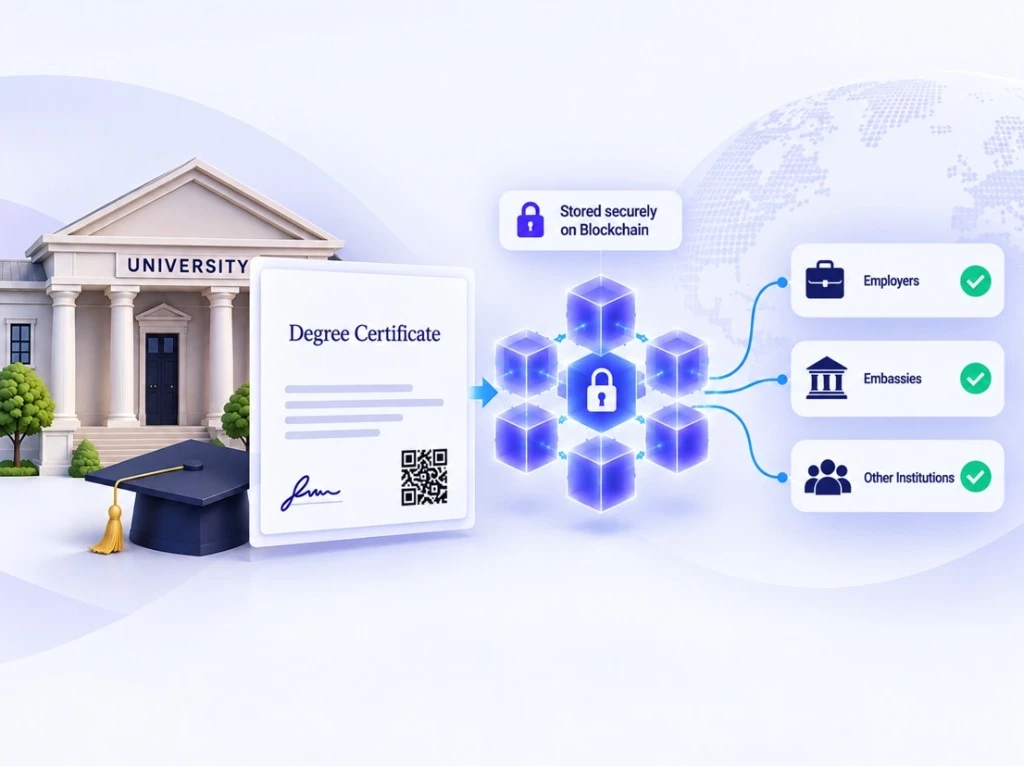 Blockchain verification flow — degree certificate stored on blockchain and verified by employers, embassies, and institutions