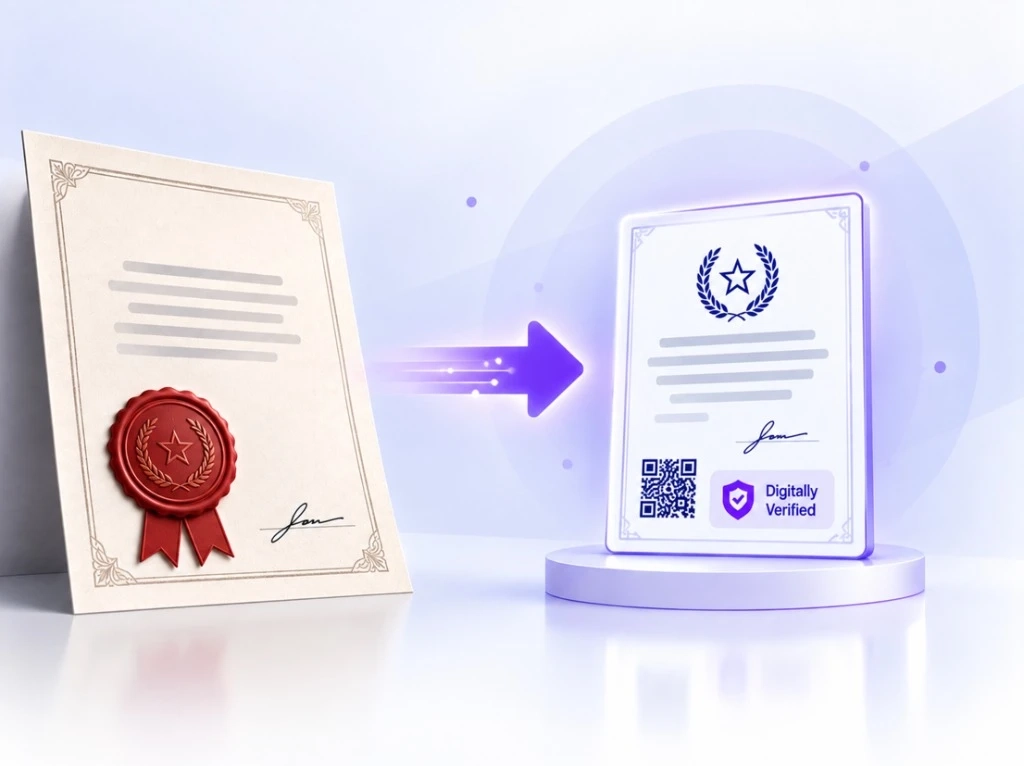 Traditional wax seal certificate transformed into a digitally verified credential
