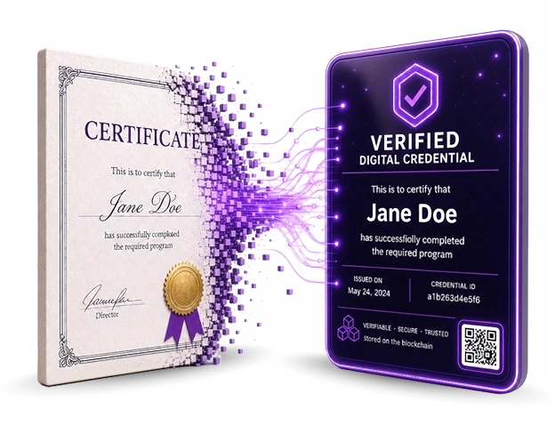 Paper certificate transforming into a verified digital credential