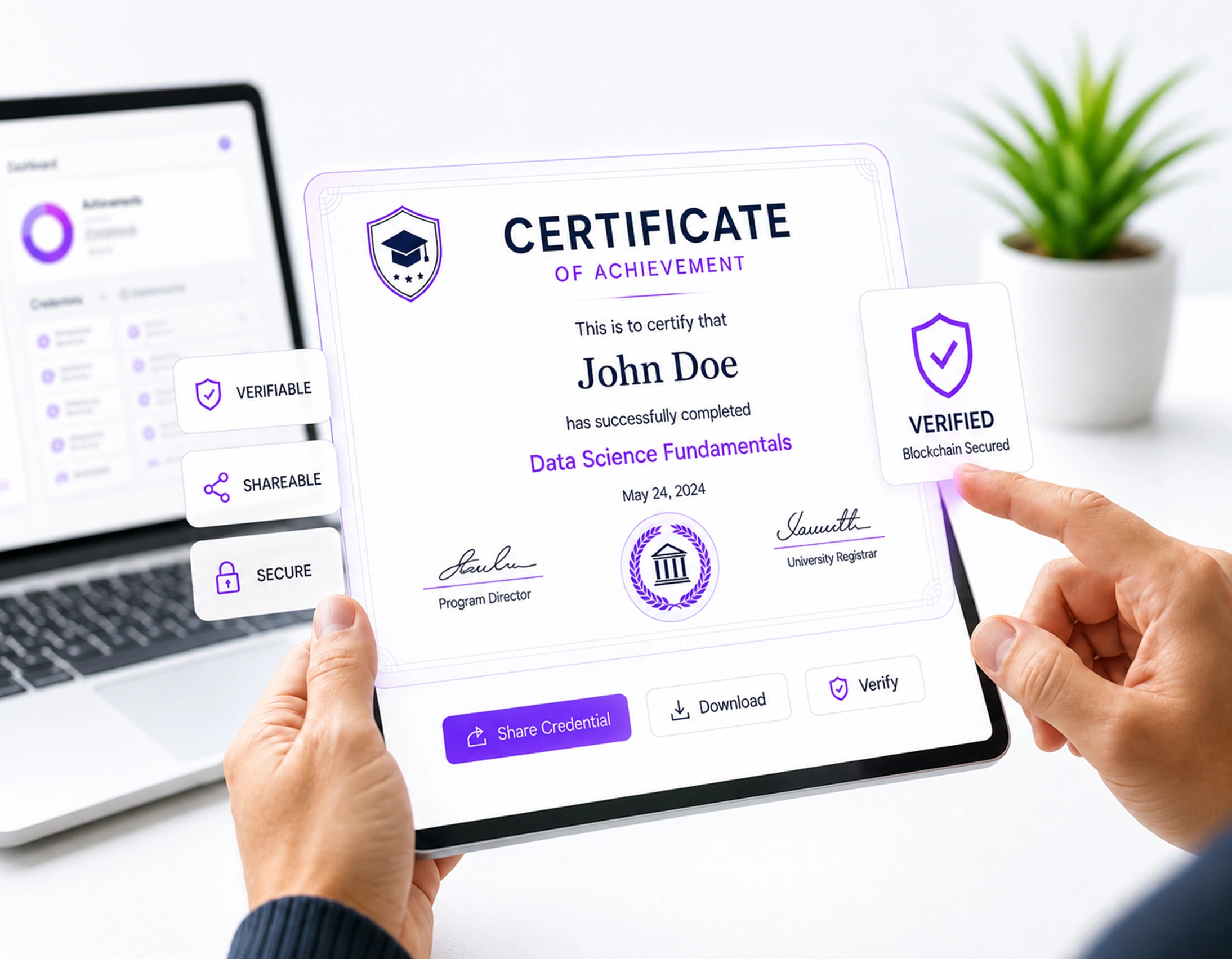 Student viewing blockchain-verified academic certificate on a tablet